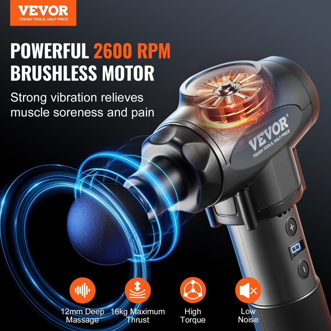 image VEVOR Massage Gun Deep Tissue with 9 Speed Levels & 6 Massage Heads, 24V 2500Mah Batteries, Percussion Muscle Massager for Athletes, Handheld Electric Massage Gun for Pain Relief, Muscle Relaxation