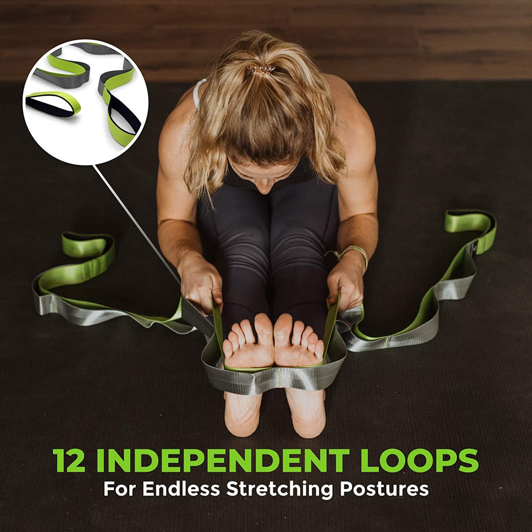 image Stretching Strap for Physical Therapy, 12 Multi-Loop Stretch Strap 1.5" W X 8' L, Neoprene Handles, Physical Therapy Equipment, Yoga Straps for Stretching, Leg Stretcher.